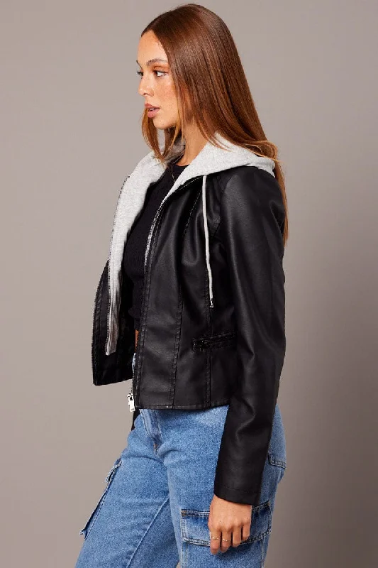 Black Faux Leather Jacket Long Sleeve Hoodie