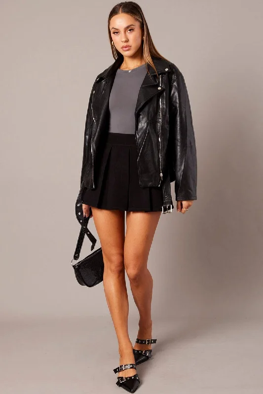 Black Jacket Long Sleeve Collared Faux Leather