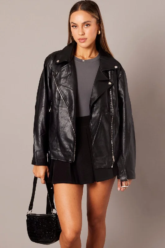 Black Jacket Long Sleeve Collared Faux Leather