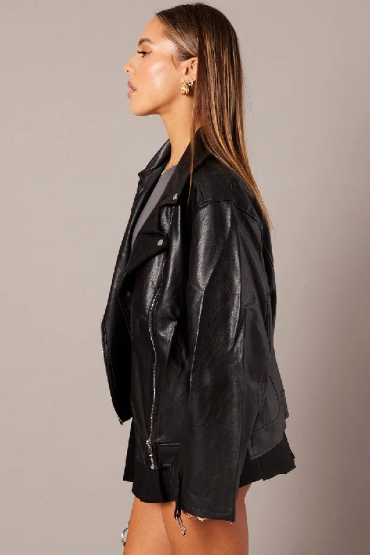 Black Jacket Long Sleeve Collared Faux Leather