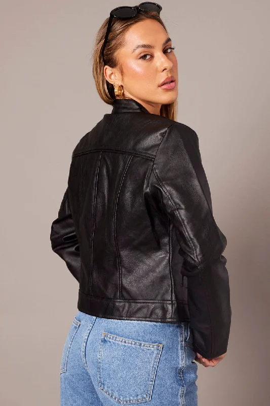 Black Jacket Long Sleeve Zip Faux Leather