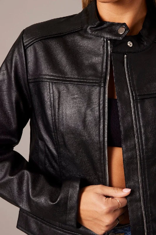 Black Jacket Long Sleeve Zip Faux Leather