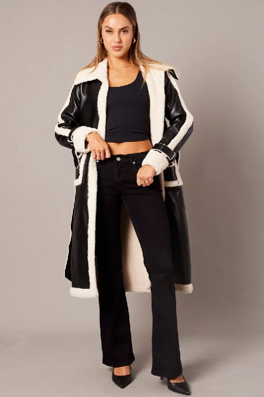 Black Long Coat Shearling Lined Faux Leather