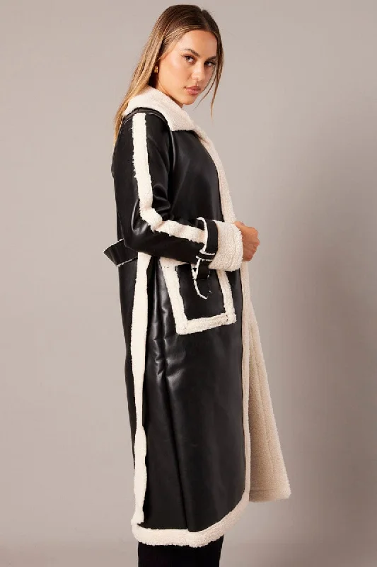 Black Long Coat Shearling Lined Faux Leather