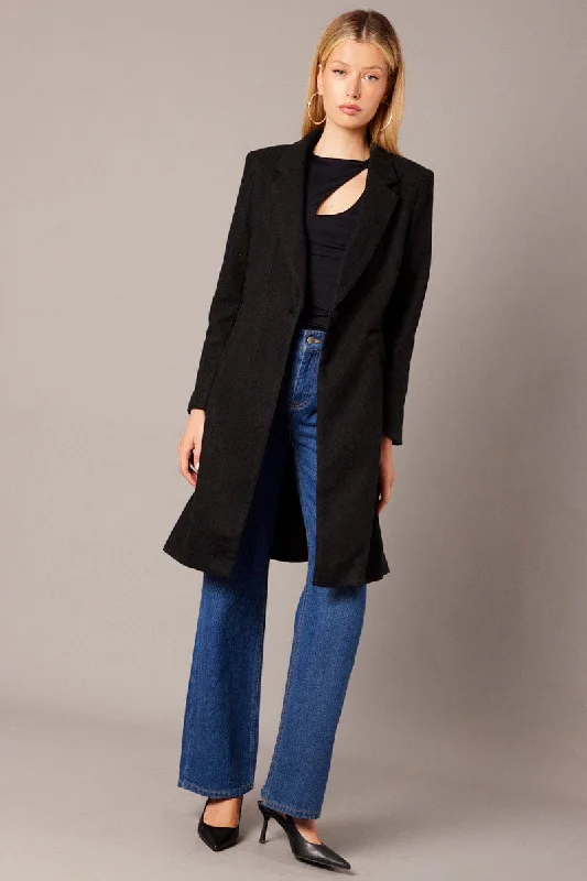 Black One Button Coat Knee Length