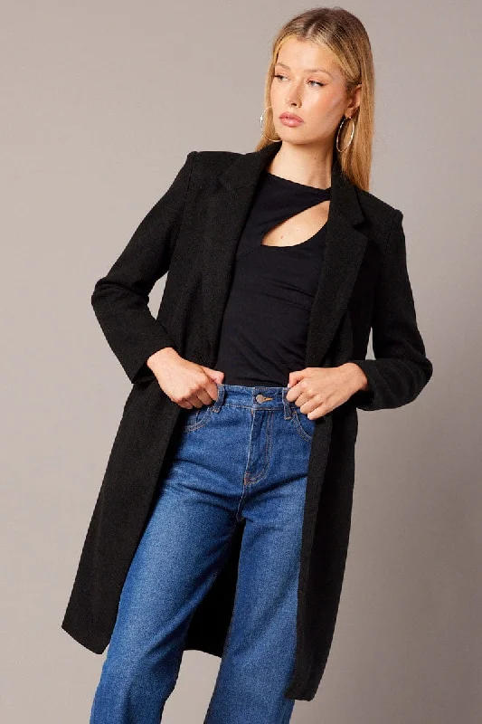 Black One Button Coat Knee Length