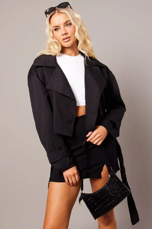 Black Short Trench Coat Long Sleeve