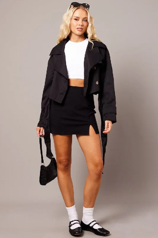 Black Short Trench Coat Long Sleeve