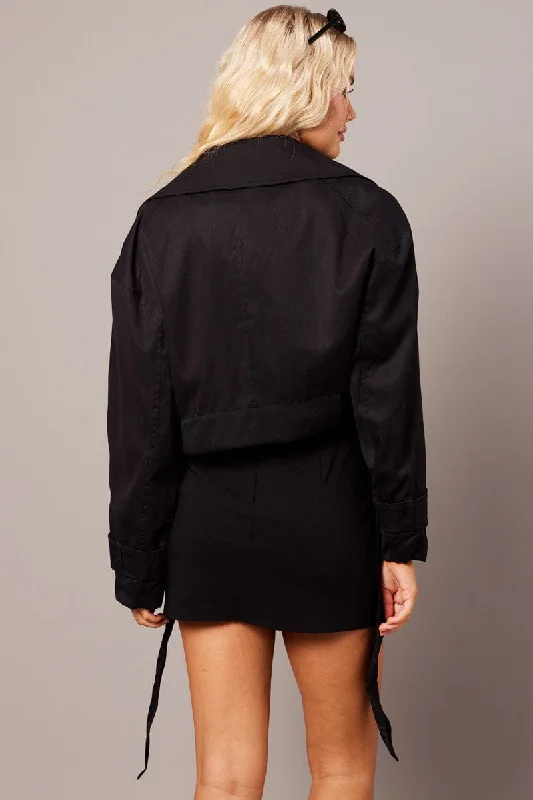 Black Short Trench Coat Long Sleeve