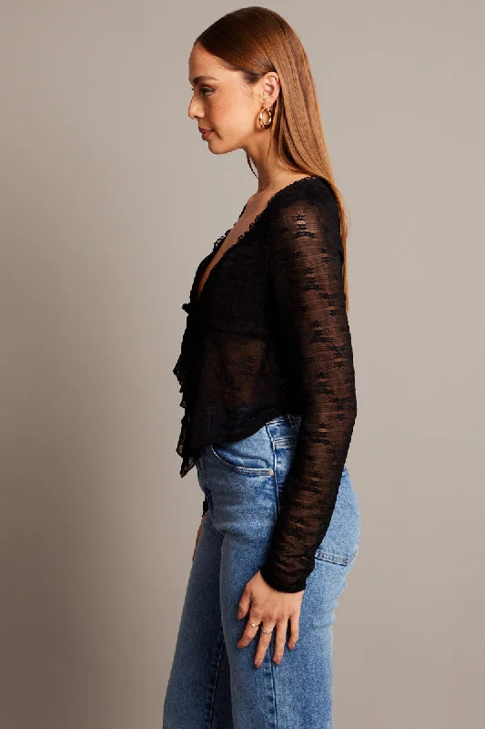 Black Tie Up Front Top Long Sleeve Lace