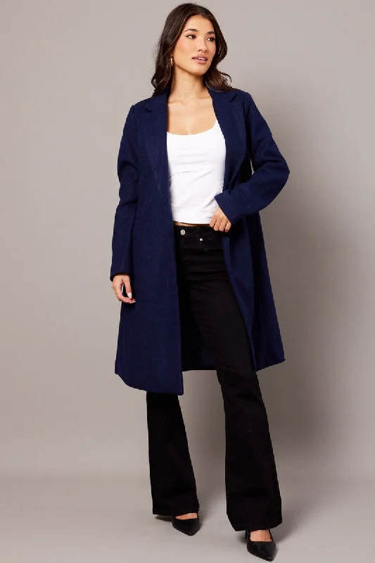 Blue One Button Coat Knee Length