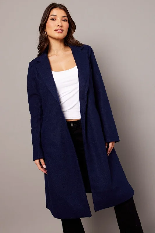 Blue One Button Coat Knee Length