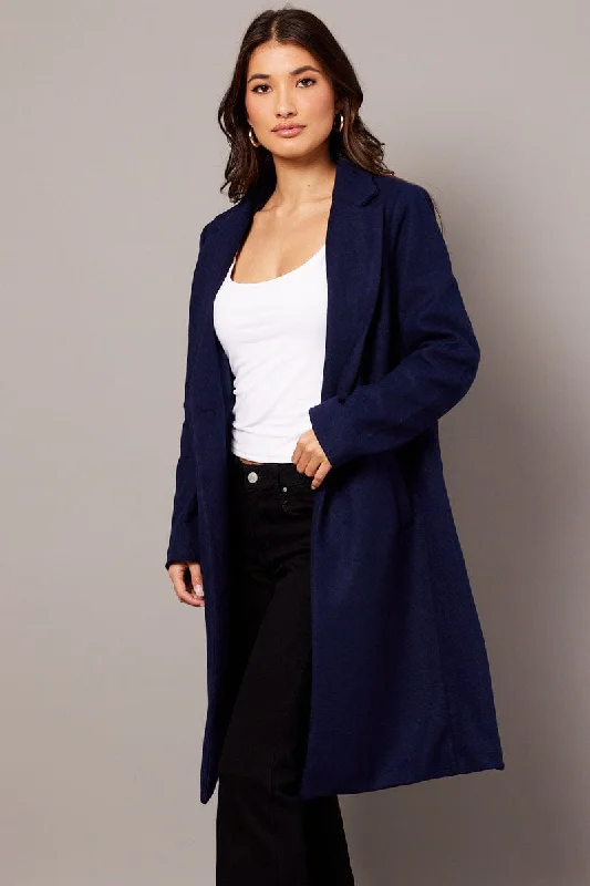 Blue One Button Coat Knee Length