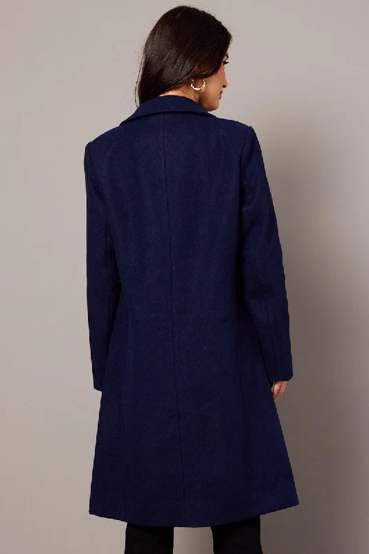 Blue One Button Coat Knee Length