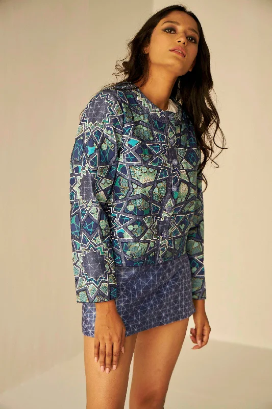 Blue- Short Appliqué Embroidered Shibori Jacket