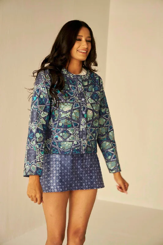 Blue- Short Appliqué Embroidered Shibori Jacket