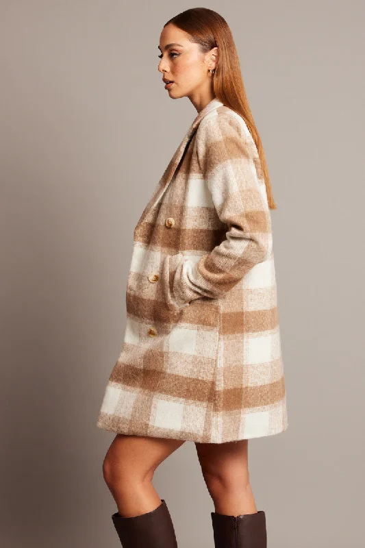 Brown Check Coat Long Sleeve