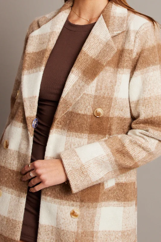 Brown Check Coat Long Sleeve