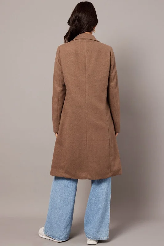 Brown One Button Coat Knee Length