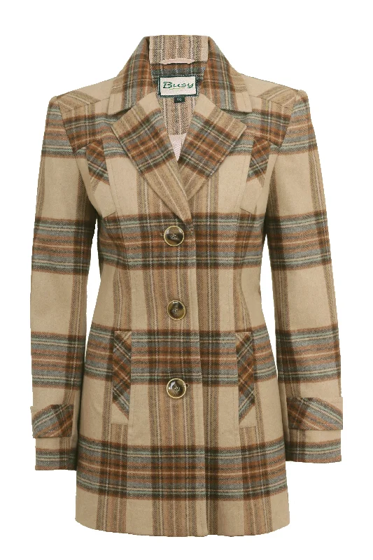 Busy Clothing Women Wool Blend Beige Check Jacket Coat