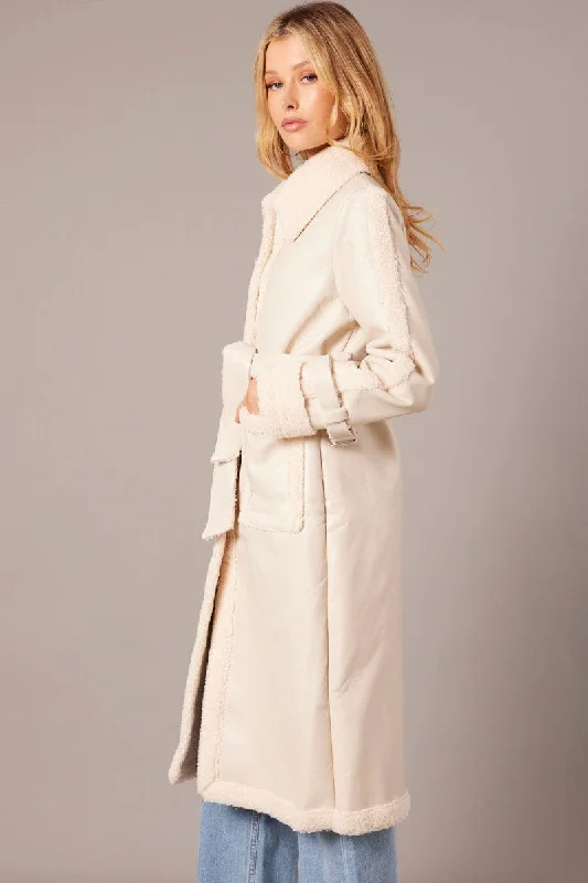 Camel Long Coat Shearling Lined Faux Leather