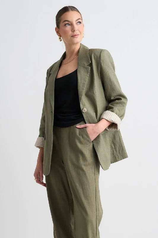 Dock Soft Khaki Ramie Rolled Sleeve Blazer