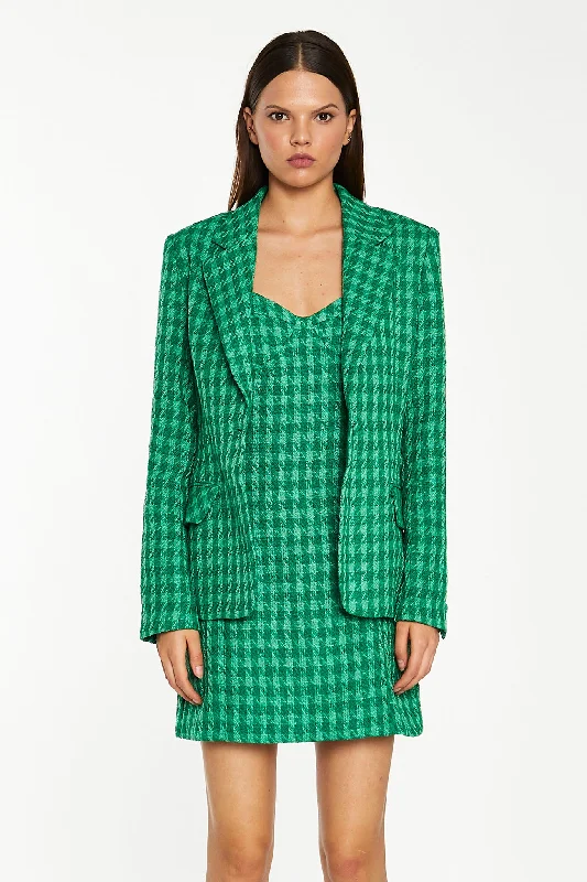 Green Tonal Houndstooth Fitted Blazer