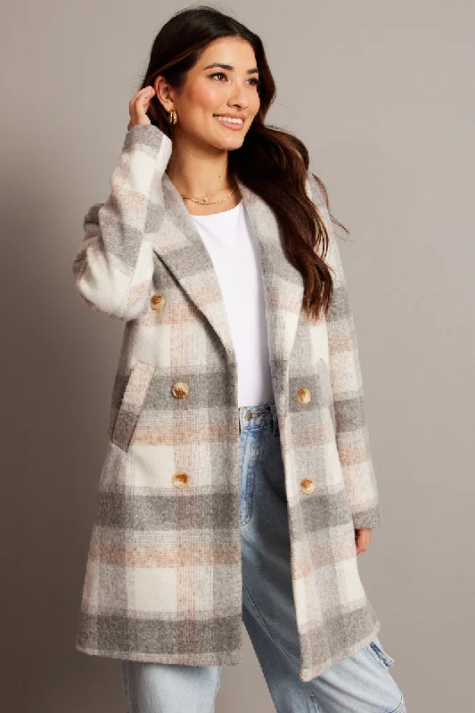 Grey Check Coat Long Sleeve