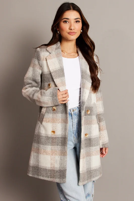 Grey Check Coat Long Sleeve