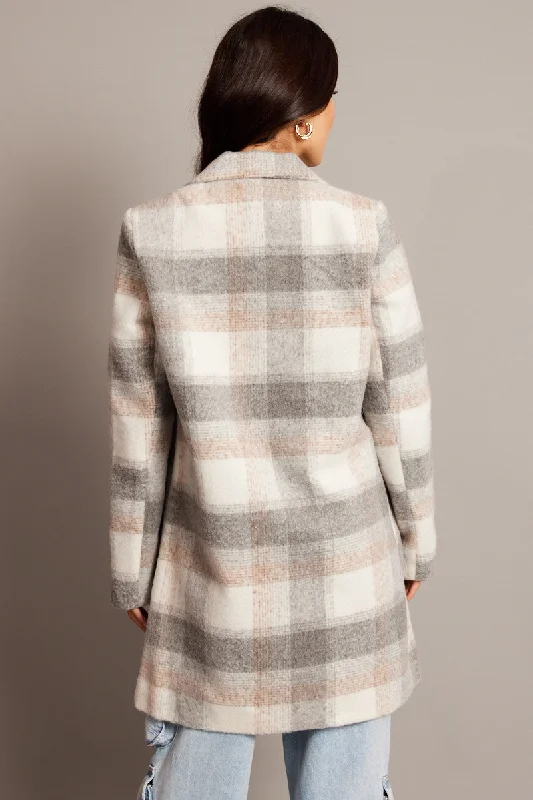 Grey Check Coat Long Sleeve