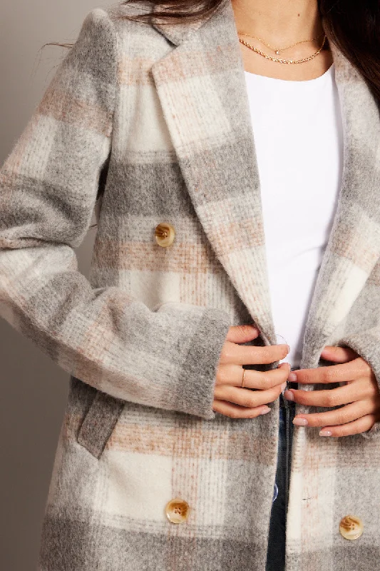 Grey Check Coat Long Sleeve