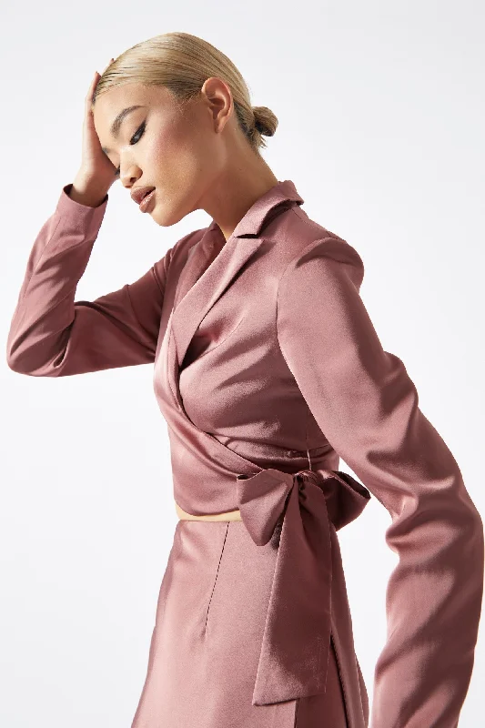 Dark-Rose Wrap-Front Crop-Blazer