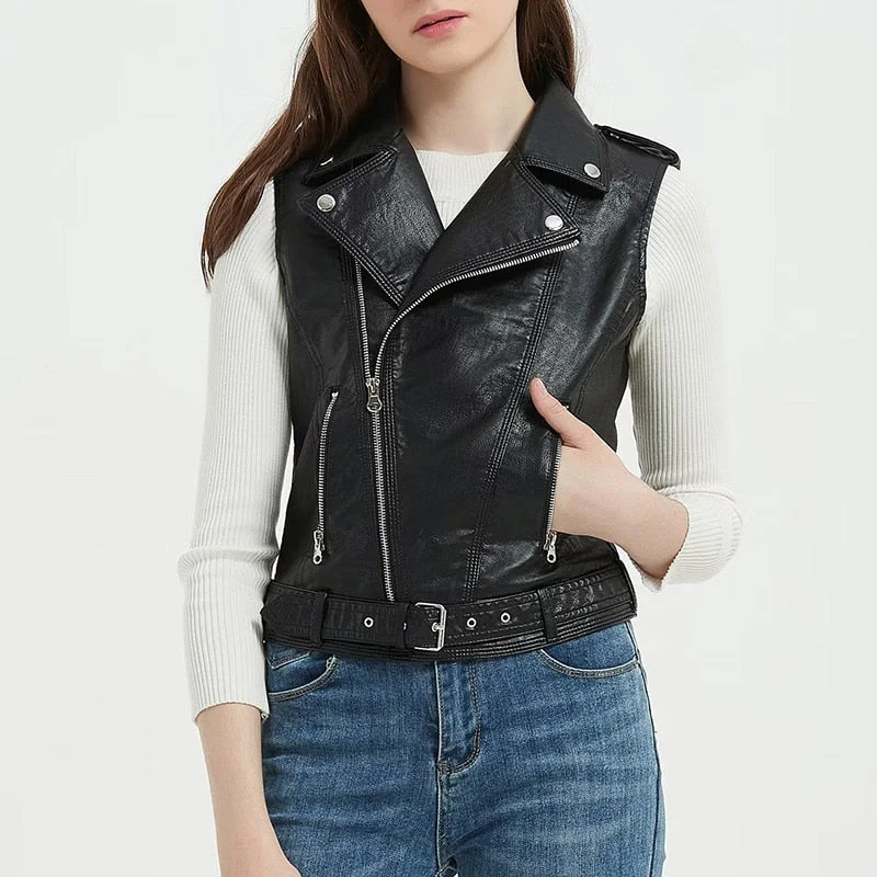 New Spring Autumn Women Slim Fit Pu Faux Leather Vest with Belt Moto Biker Female Sleeveless Short Waistcoat Tops