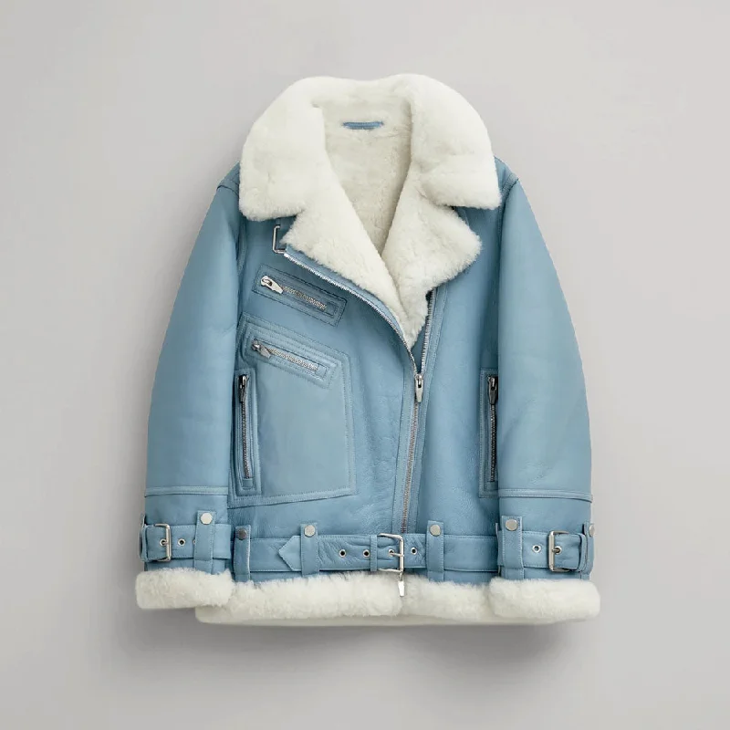 New Women Light Blue Aviator Styled Shearling Sheepskin Leather Jacket