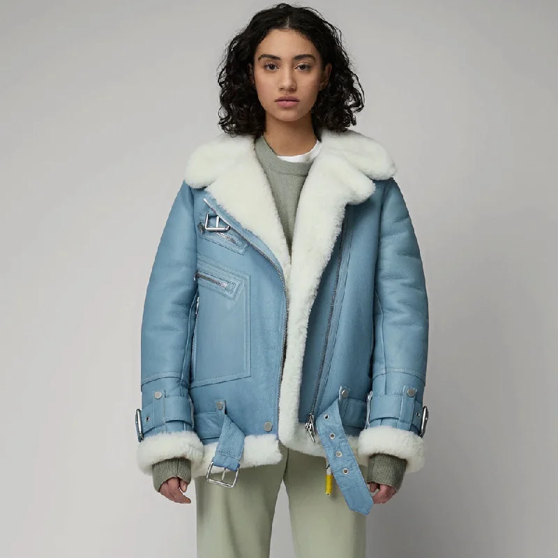 New Women Light Blue Aviator Styled Shearling Sheepskin Leather Jacket