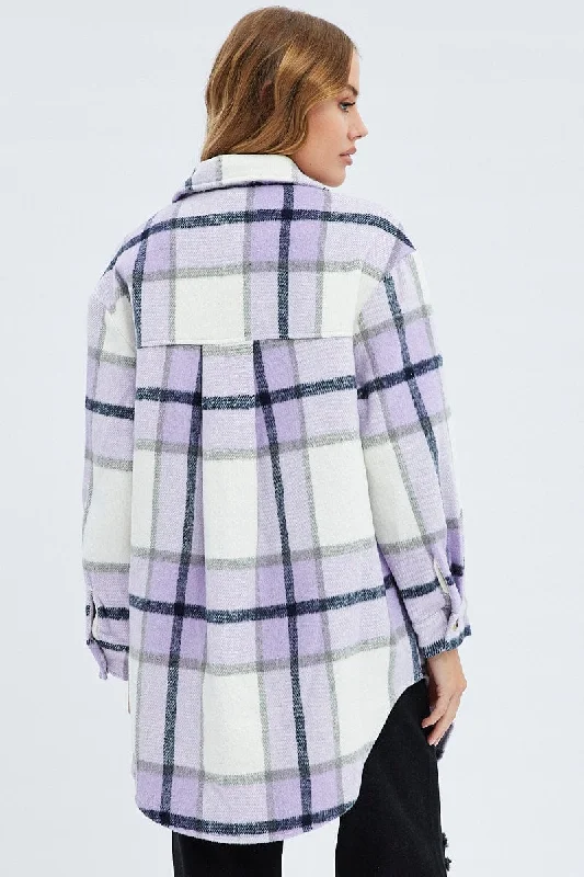 Purple Check Long Checked Print Jacket Long Sleeves