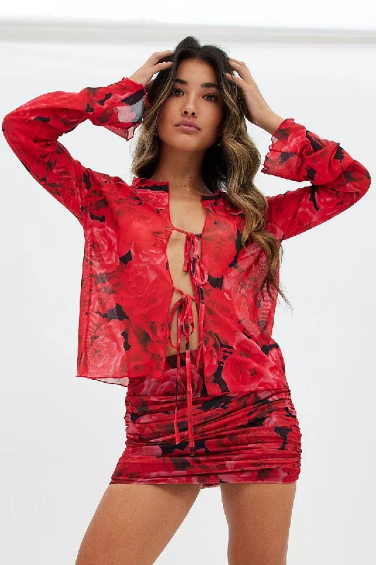 Red Abstract Mesh Cardigan Long Sleeve