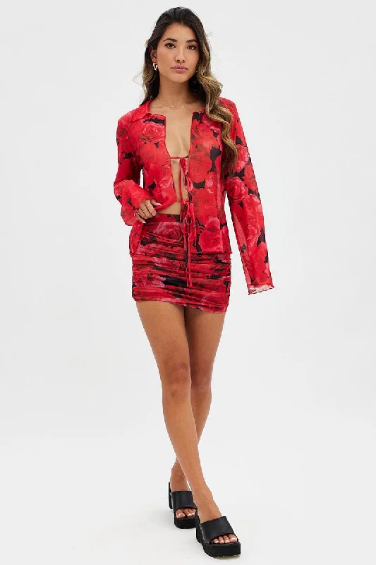 Red Abstract Mesh Cardigan Long Sleeve