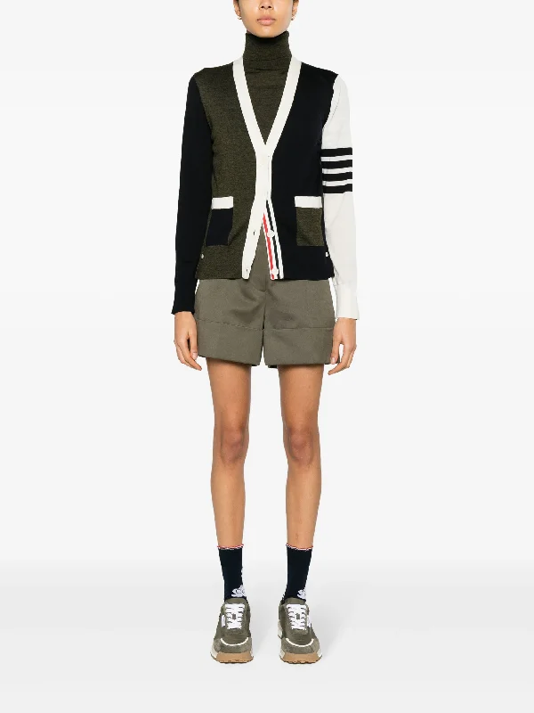 THOM BROWNE Women Fun Mix Relaxed Fit V Neck Cardigan In Fine Merino Wool W/4 Bar Stripe