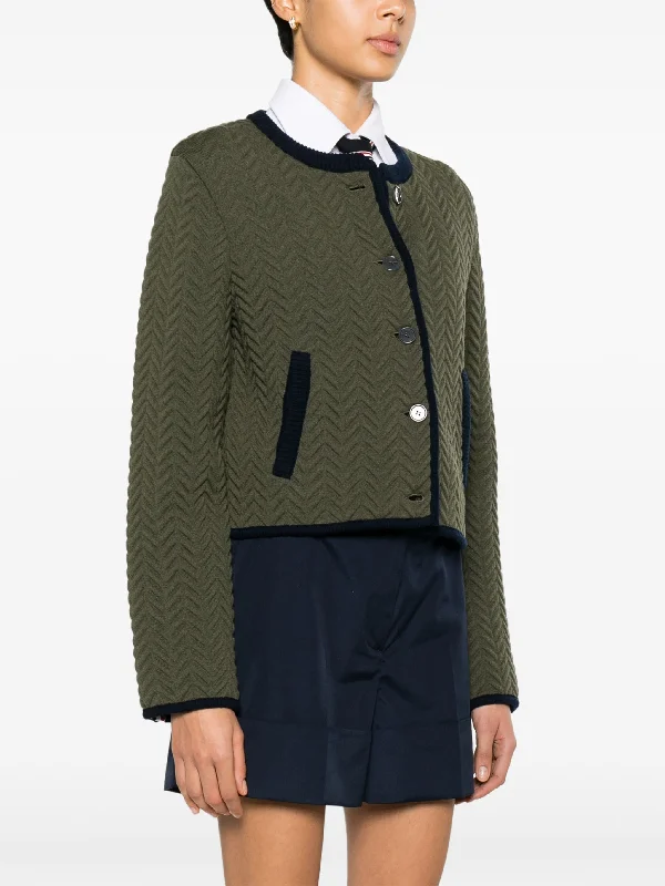 THOM BROWNE Women Herringbone Quilted Jacquard Cropped Crew Neck Cardigan Jacket In Merino Wool