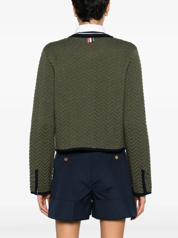 THOM BROWNE Women Herringbone Quilted Jacquard Cropped Crew Neck Cardigan Jacket In Merino Wool