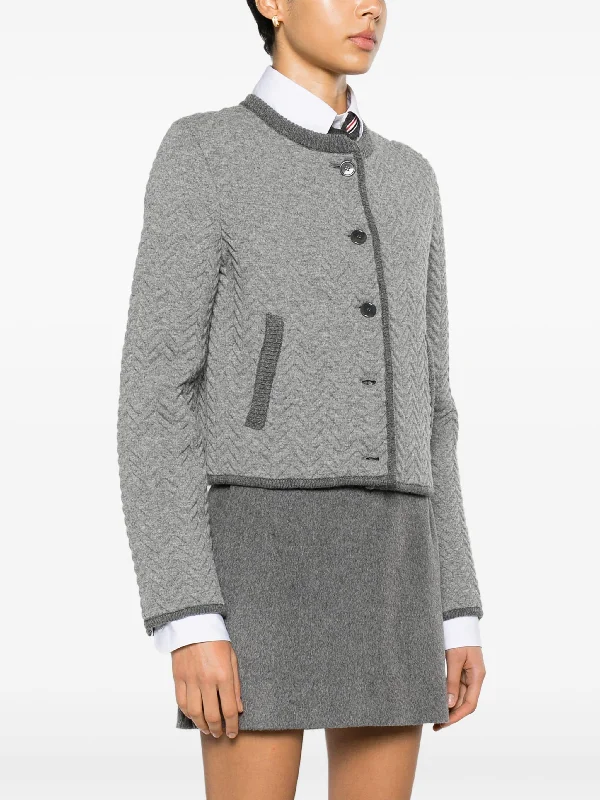 THOM BROWNE Women Herringbone Quilted Jacquard Cropped Crew Neck Cardigan Jacket In Merino Wool