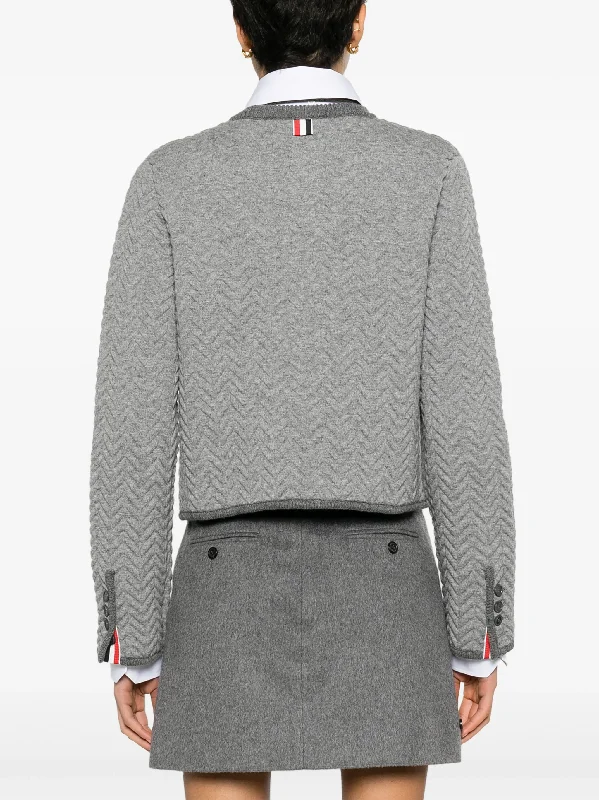 THOM BROWNE Women Herringbone Quilted Jacquard Cropped Crew Neck Cardigan Jacket In Merino Wool