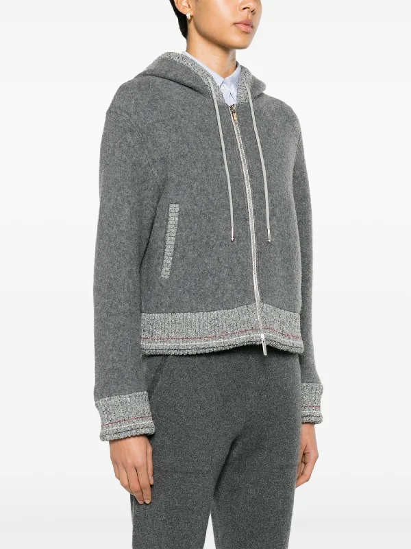 THOM BROWNE Women Zip Up Hoodie W/Silk Flecked Rib Trims In Wool Fleece