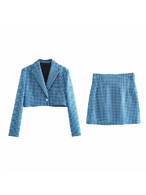 Blue Plaid Vintage Office Lady High Waist Skirt Suits Blazer