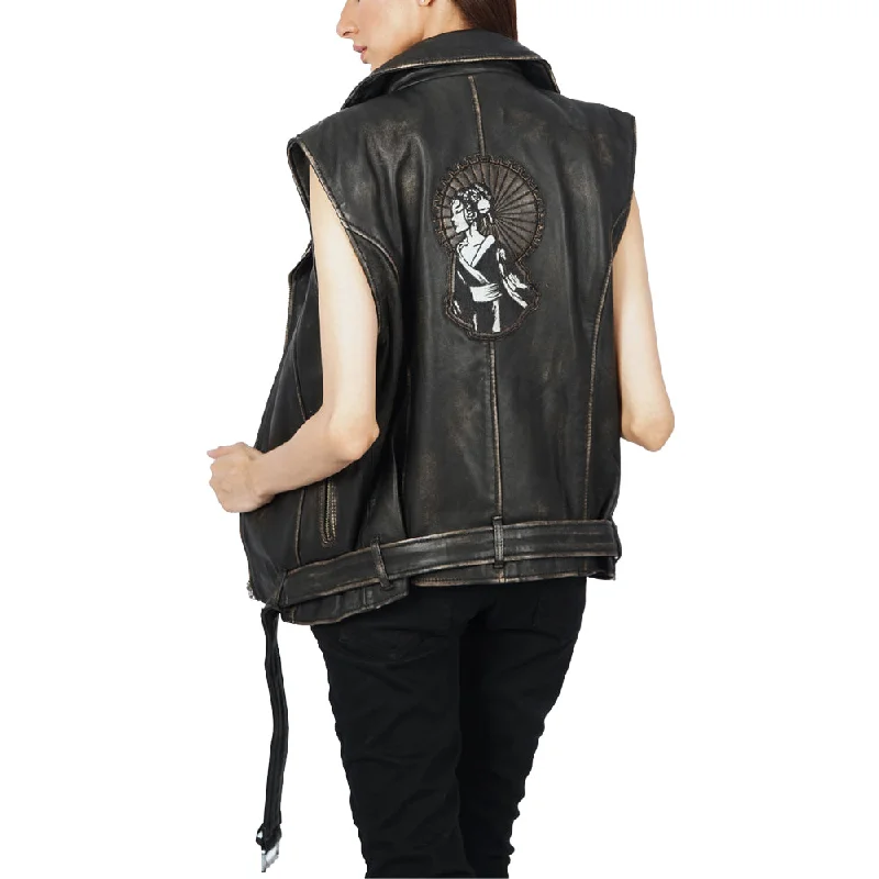 Vest Sleeveless Belted Ash Black Leather Jacket