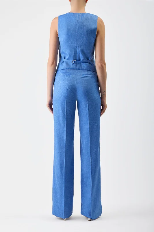 Vesta Pant in Sapphire Virgin Wool and Silk Linen