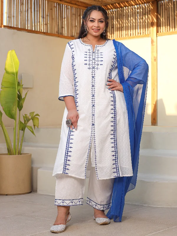 Juniper White & Blue Cross Stitch Embroidered Cotton Dobby Plus Size Kurta Palazzo & Dupatta Set With Lace & Fabric Bottons