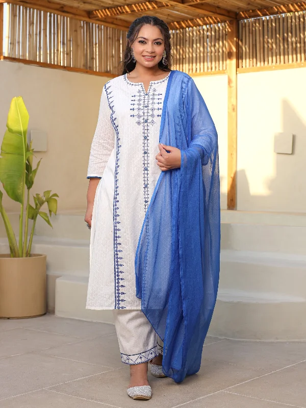 Juniper White & Blue Cross Stitch Embroidered Cotton Dobby Plus Size Kurta Palazzo & Dupatta Set With Lace & Fabric Bottons