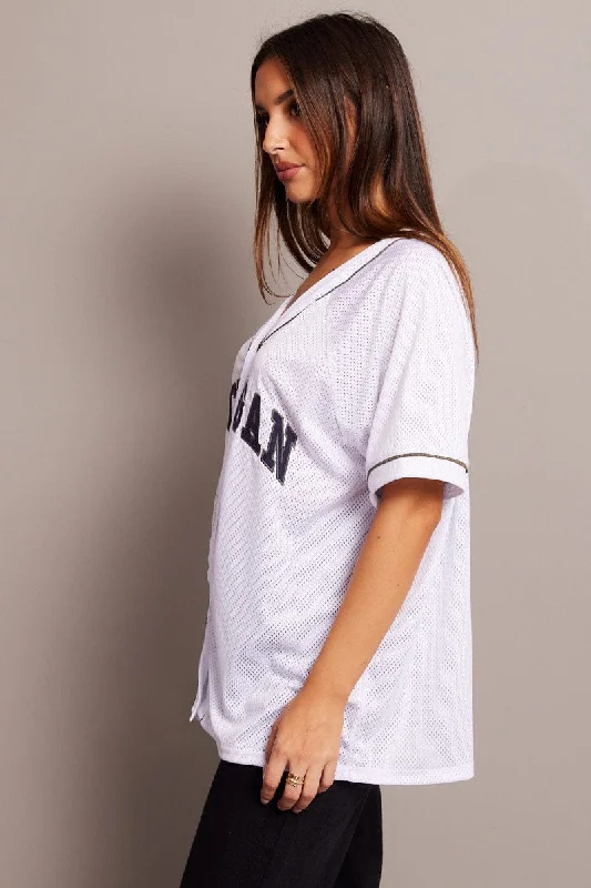 White Graphic Tie Up Top Short Sleeve Mesh